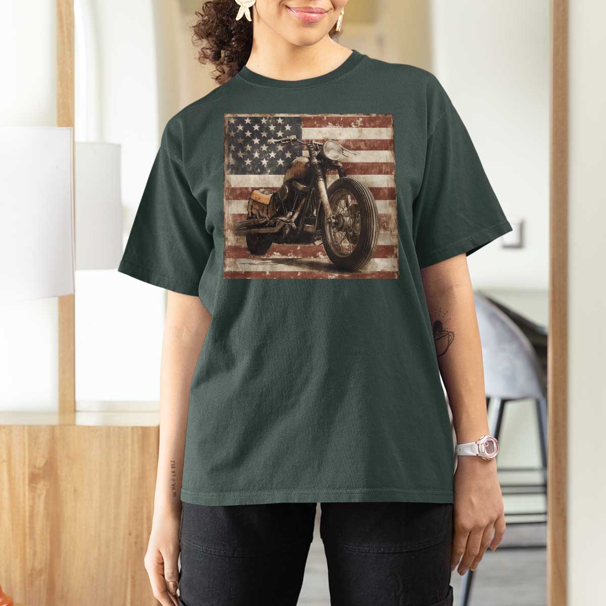 American Flag Motorcycle T Shirt For Women Vintage Retro Biker USA 4th of July - Wonder Print Shop