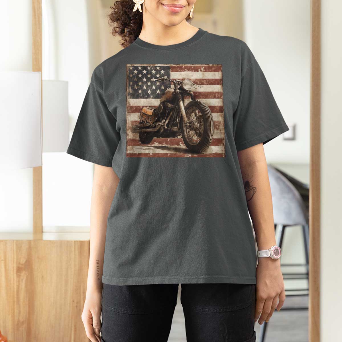 American Flag Motorcycle T Shirt For Women Vintage Retro Biker USA 4th of July - Wonder Print Shop