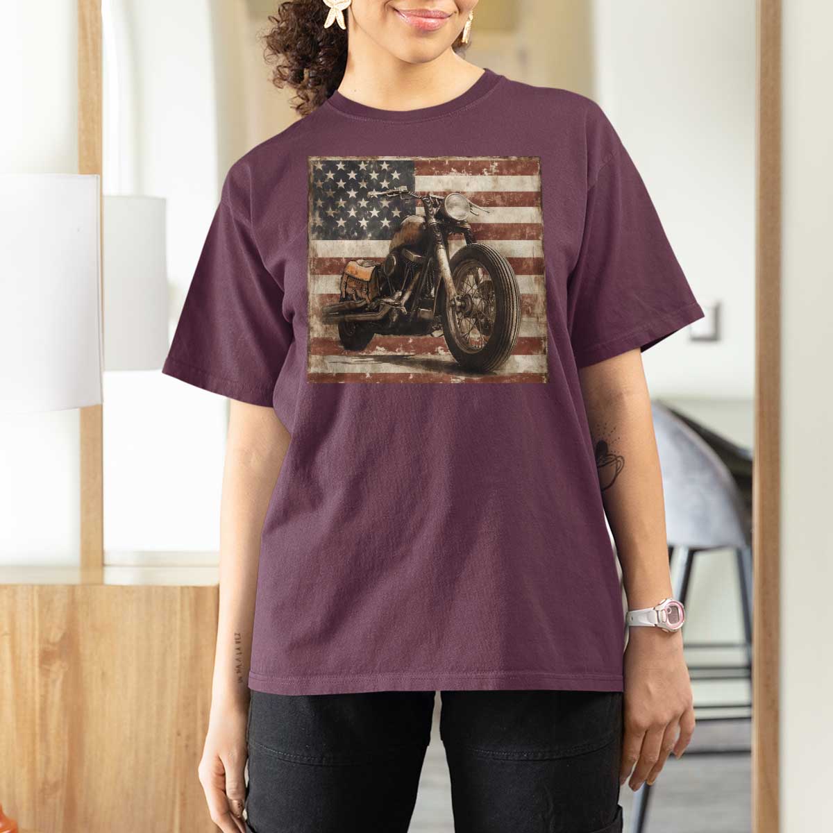 American Flag Motorcycle T Shirt For Women Vintage Retro Biker USA 4th of July - Wonder Print Shop