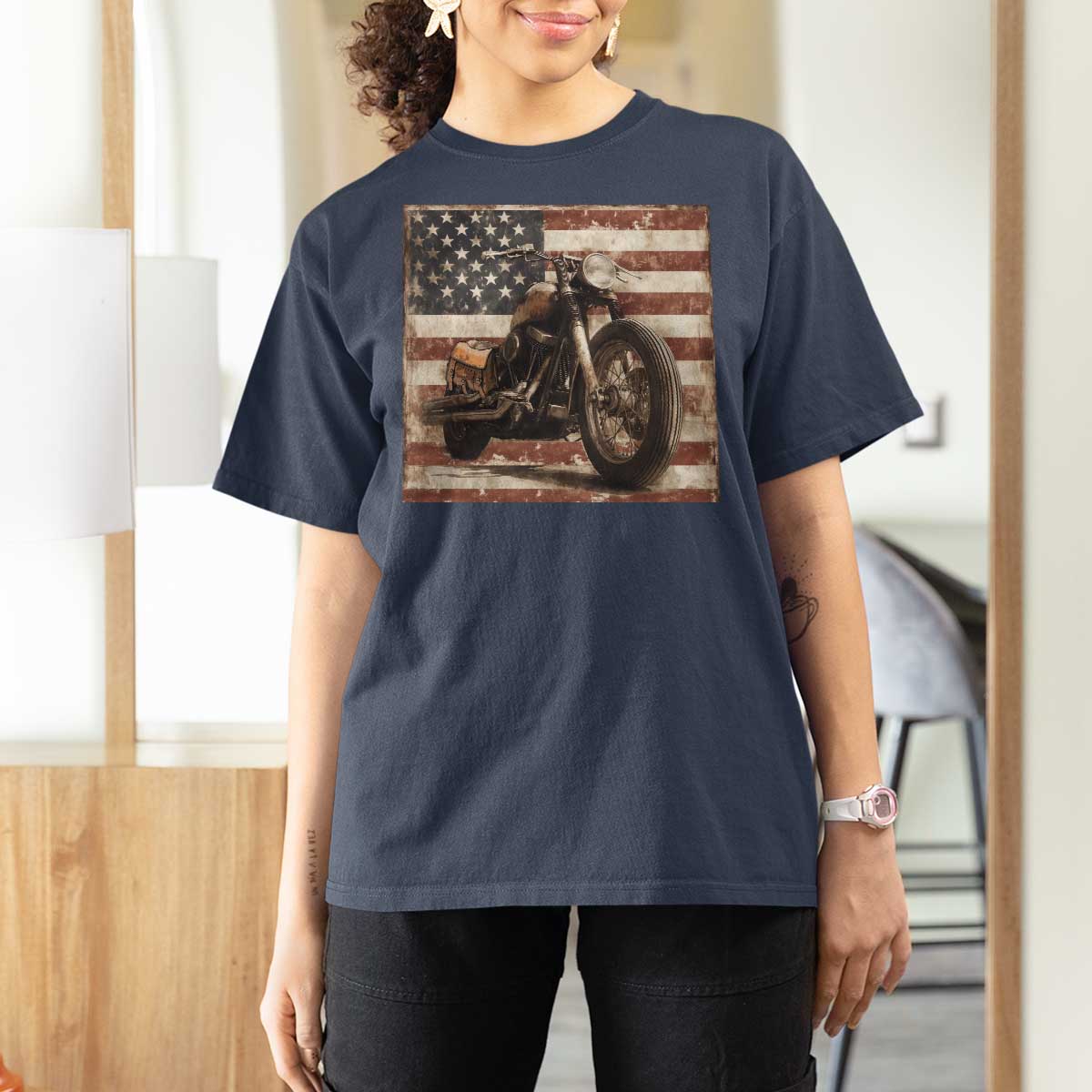 American Flag Motorcycle T Shirt For Women Vintage Retro Biker USA 4th of July - Wonder Print Shop