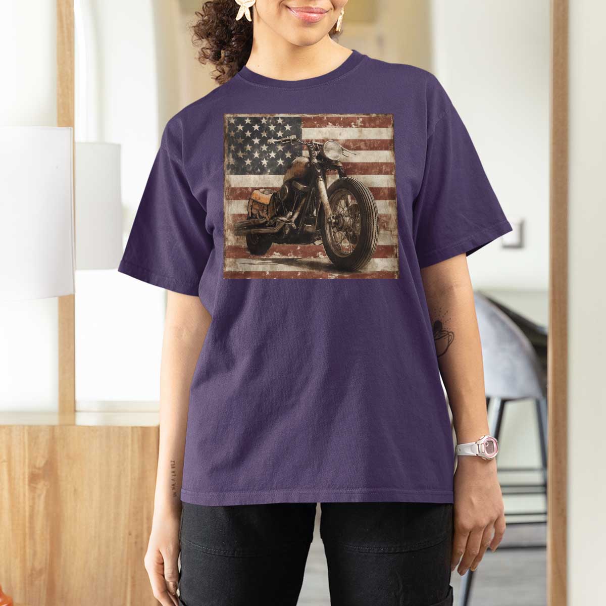 American Flag Motorcycle T Shirt For Women Vintage Retro Biker USA 4th of July - Wonder Print Shop