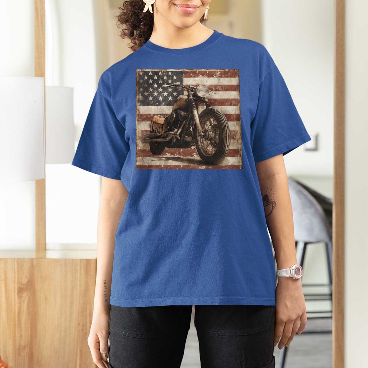 American Flag Motorcycle T Shirt For Women Vintage Retro Biker USA 4th of July - Wonder Print Shop