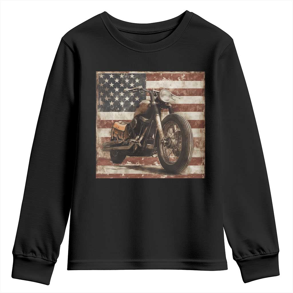 American Flag Motorcycle Youth Sweatshirt Vintage Retro Biker USA 4th of July - Wonder Print Shop