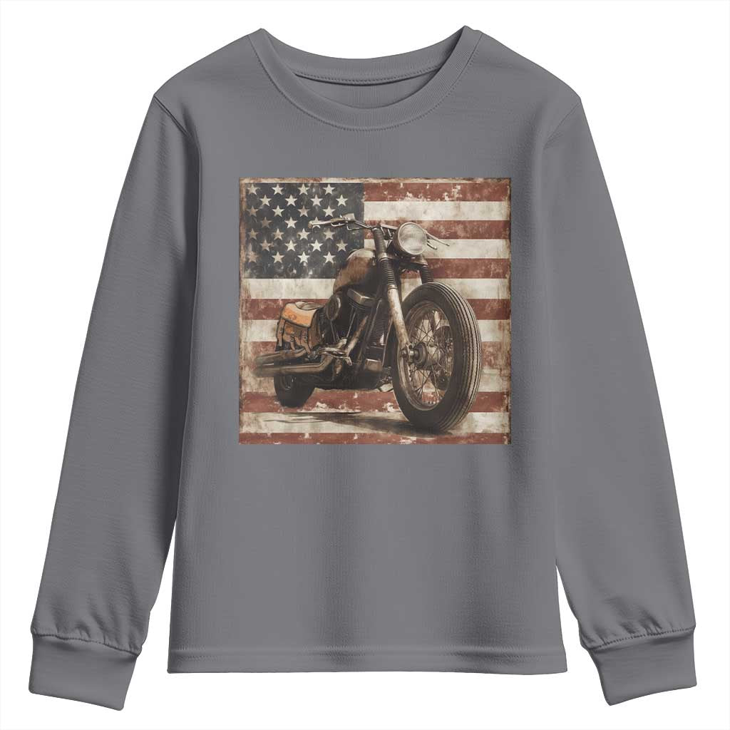 American Flag Motorcycle Youth Sweatshirt Vintage Retro Biker USA 4th of July - Wonder Print Shop