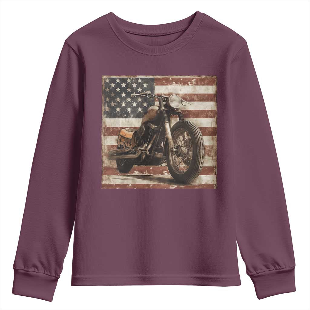 American Flag Motorcycle Youth Sweatshirt Vintage Retro Biker USA 4th of July - Wonder Print Shop