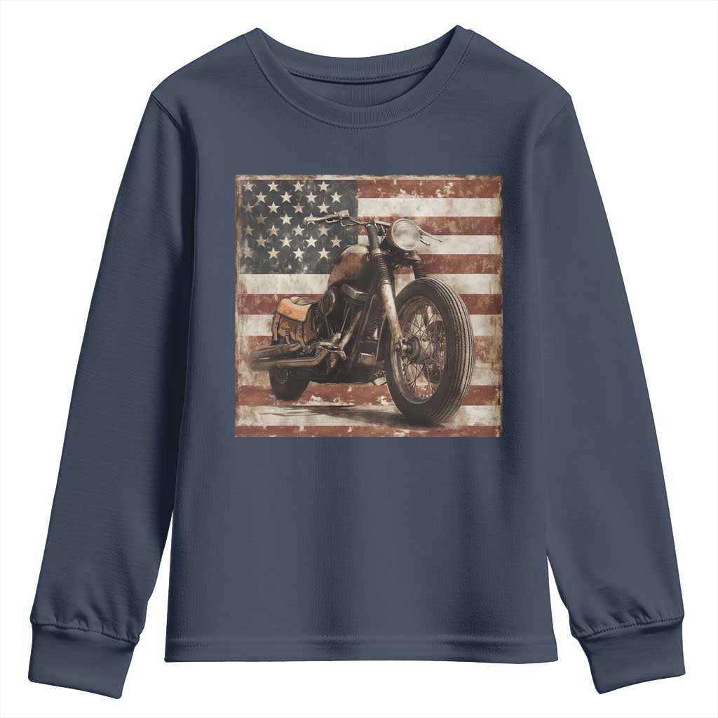 American Flag Motorcycle Youth Sweatshirt Vintage Retro Biker USA 4th of July - Wonder Print Shop