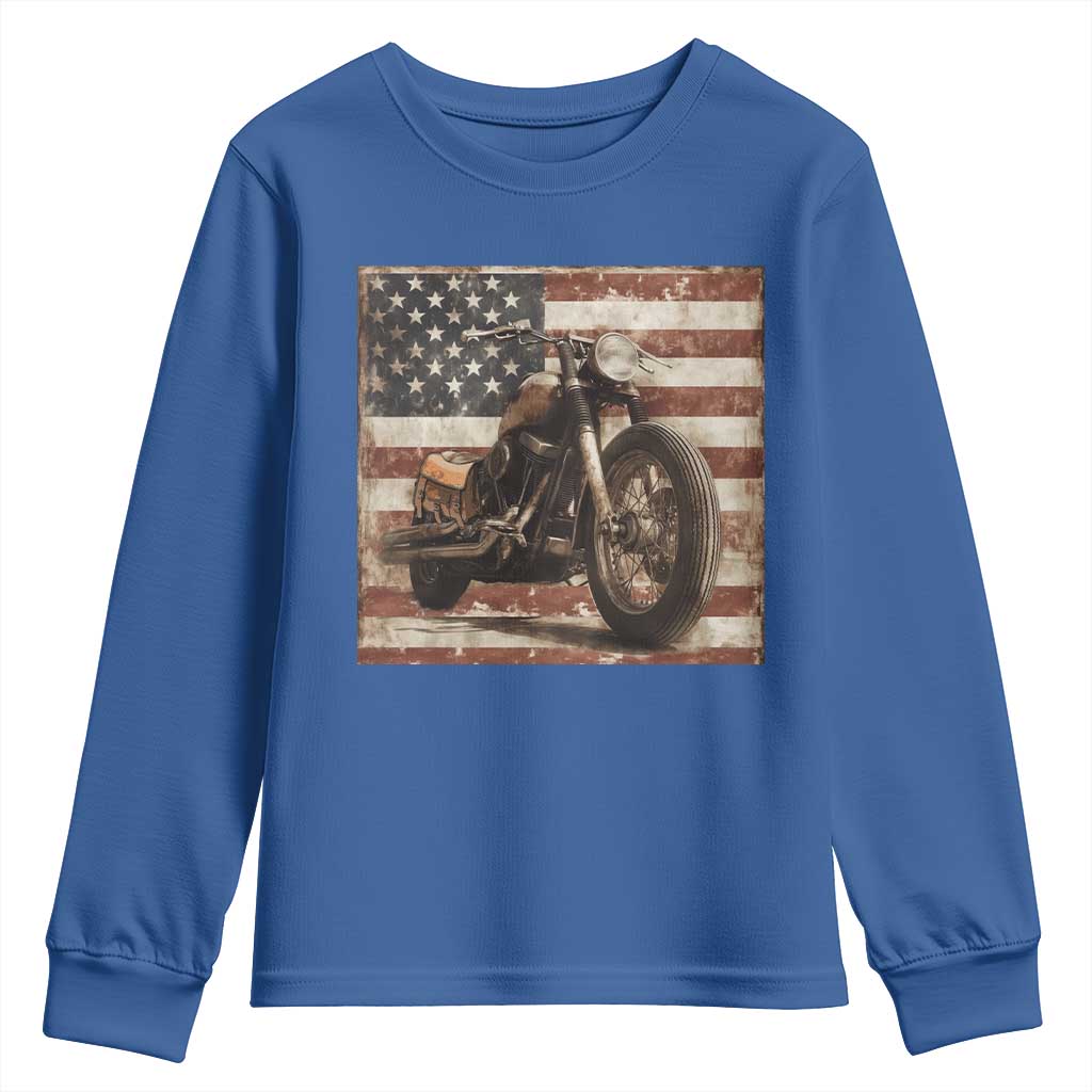 American Flag Motorcycle Youth Sweatshirt Vintage Retro Biker USA 4th of July - Wonder Print Shop