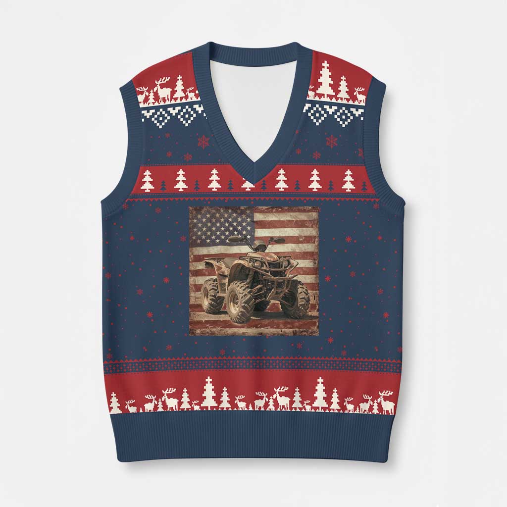 American Flag Quad 4 Wheeler V-Neck Knit Sweater Vest Vintage Retro Cool ATV Quadrider Off Road Clothing - Wonder Print Shop