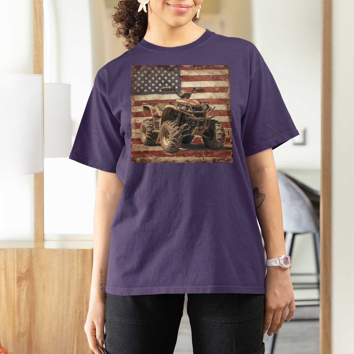 American Flag Quad 4 Wheeler T Shirt For Women Vintage Retro Cool ATV Quadrider Off Road Clothing - Wonder Print Shop