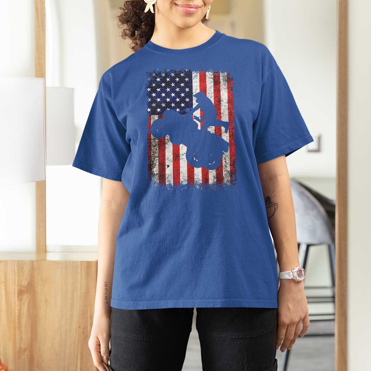 Cool ATV American Flag T Shirt For Women Retro Quad 4 Wheeler ATV Riding Quadrider Off Road - Wonder Print Shop