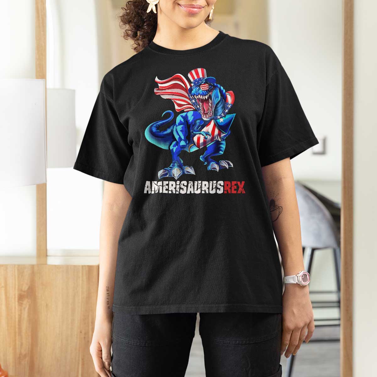 Dinosaur 4th of July T Shirt For Women Funny Boys Kids Patriotic - Wonder Print Shop