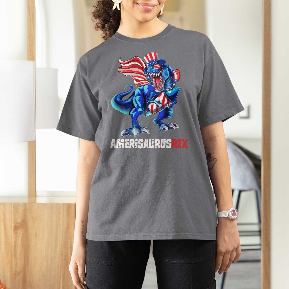 Dinosaur 4th of July T Shirt For Women Funny Boys Kids Patriotic - Wonder Print Shop