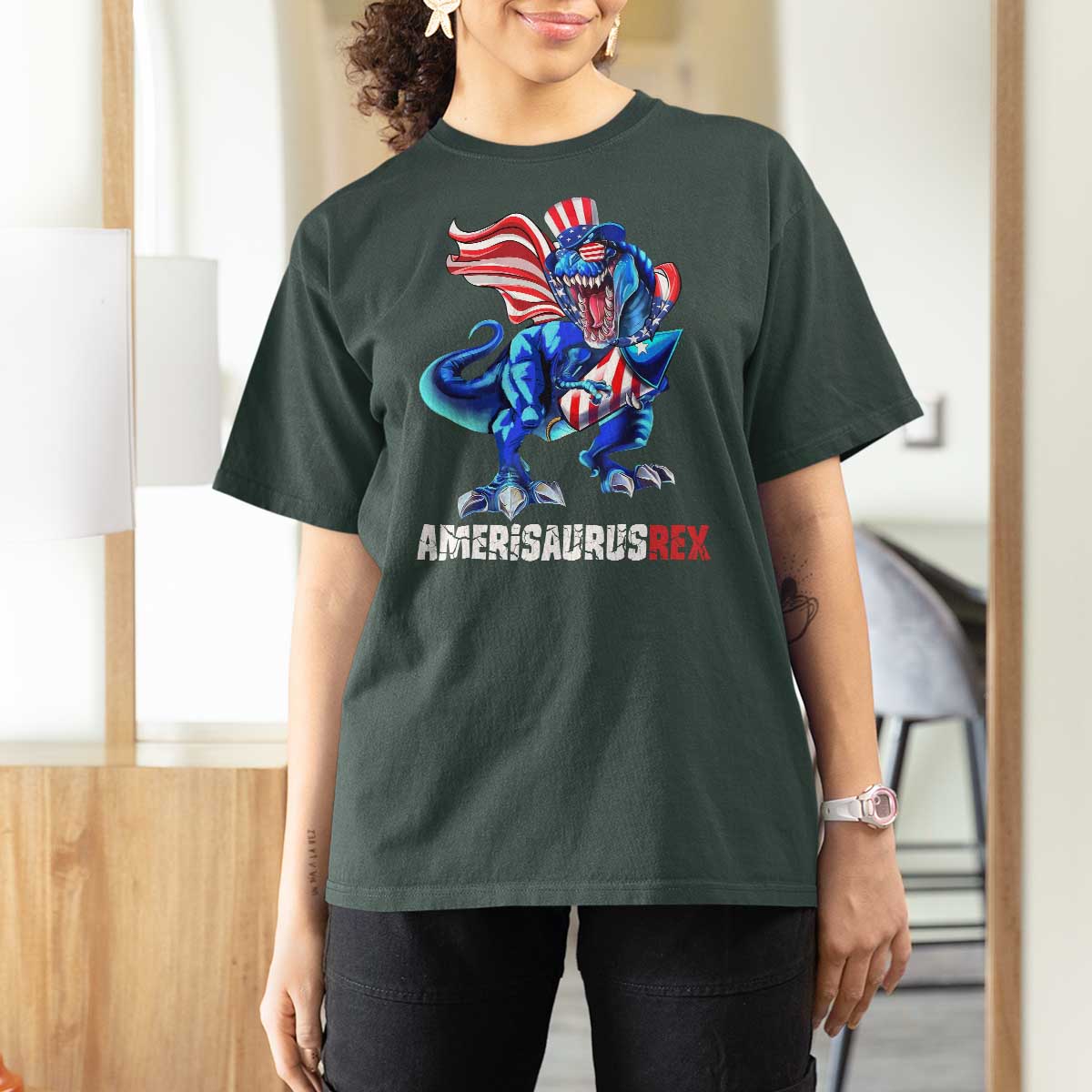 Dinosaur 4th of July T Shirt For Women Funny Boys Kids Patriotic - Wonder Print Shop