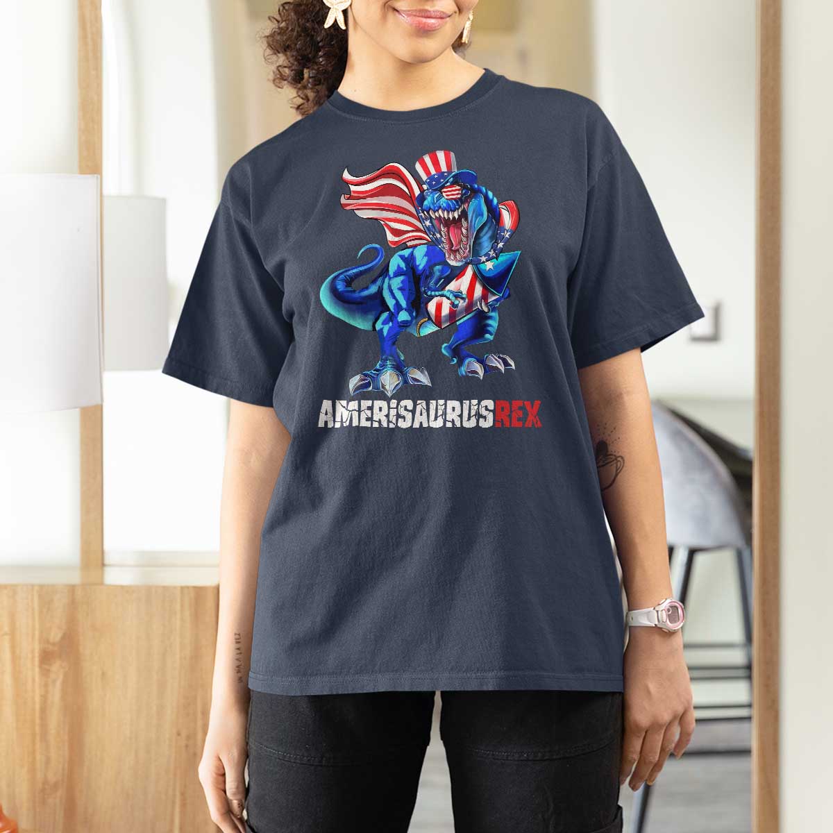 Dinosaur 4th of July T Shirt For Women Funny Boys Kids Patriotic - Wonder Print Shop