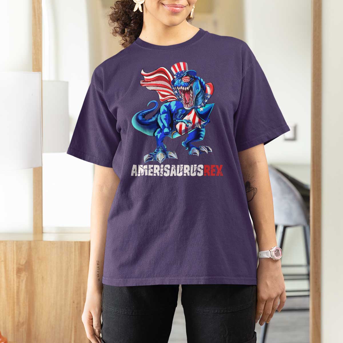 Dinosaur 4th of July T Shirt For Women Funny Boys Kids Patriotic - Wonder Print Shop