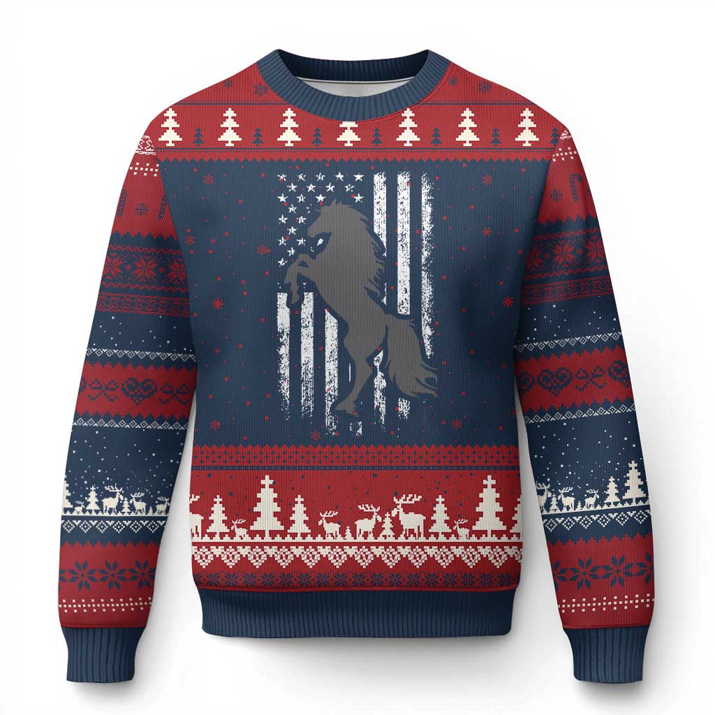 Patriotic Horse American Flag Ugly Christmas Sweater Horseback Riding Western Farm Vintage Horse