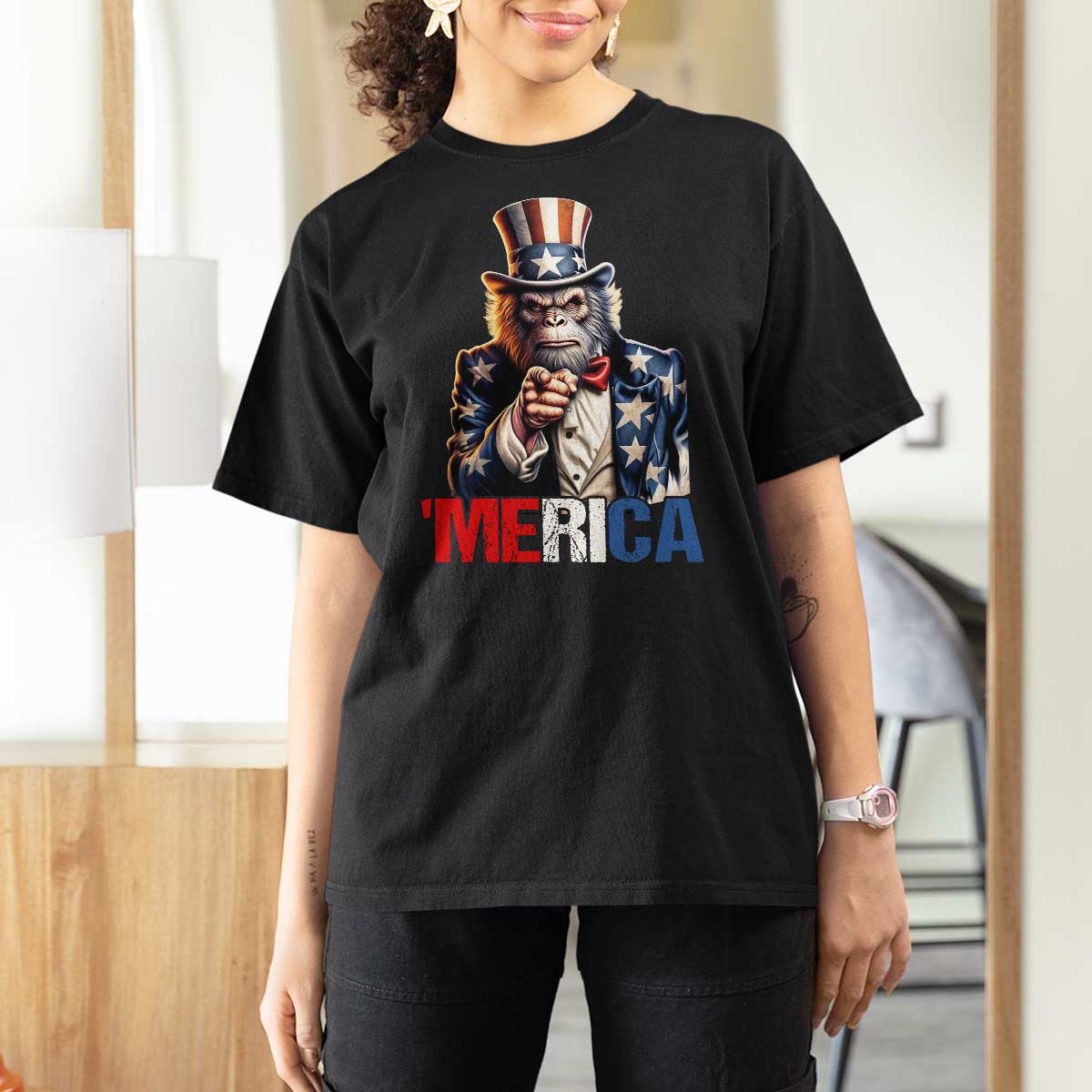Bigfoot Merica T Shirt For Women American Flag Patriotic 4th Of July Uncle Sam - Wonder Print Shop