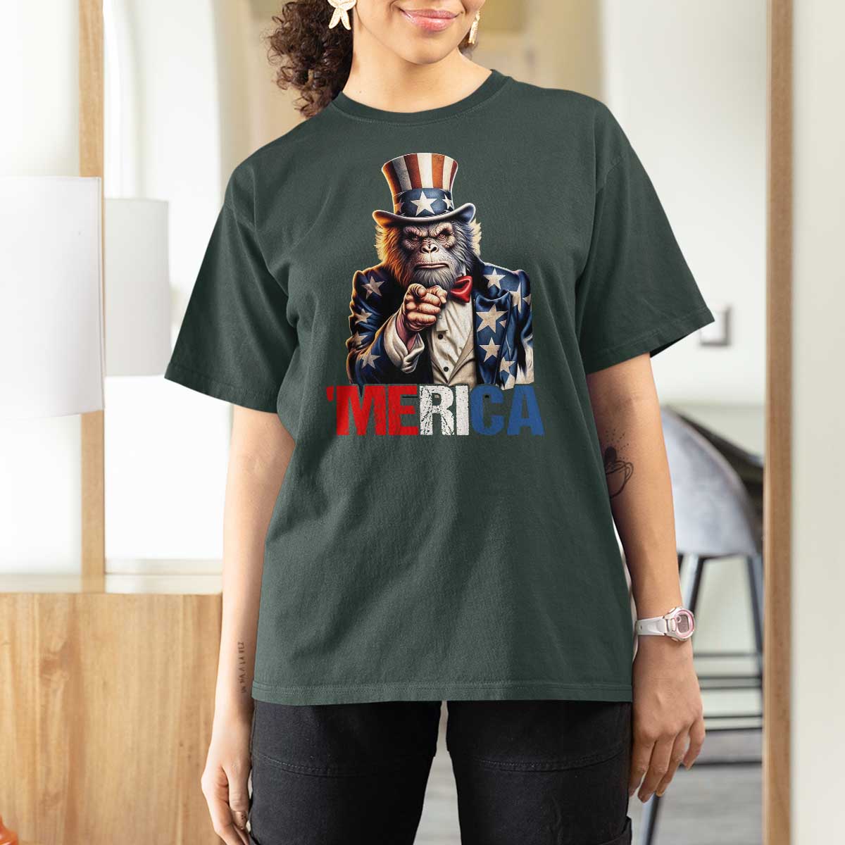 Bigfoot Merica T Shirt For Women American Flag Patriotic 4th Of July Uncle Sam - Wonder Print Shop
