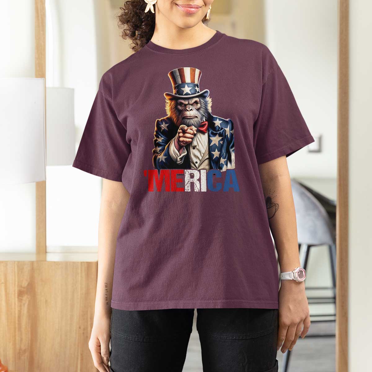 Bigfoot Merica T Shirt For Women American Flag Patriotic 4th Of July Uncle Sam - Wonder Print Shop