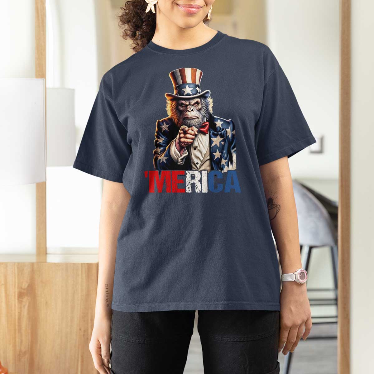 Bigfoot Merica T Shirt For Women American Flag Patriotic 4th Of July Uncle Sam - Wonder Print Shop