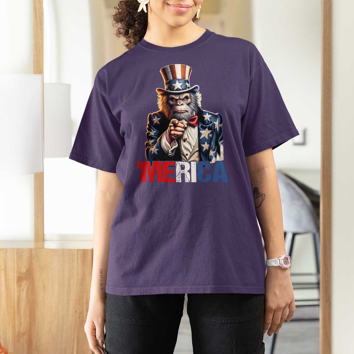 Bigfoot Merica T Shirt For Women American Flag Patriotic 4th Of July Uncle Sam - Wonder Print Shop