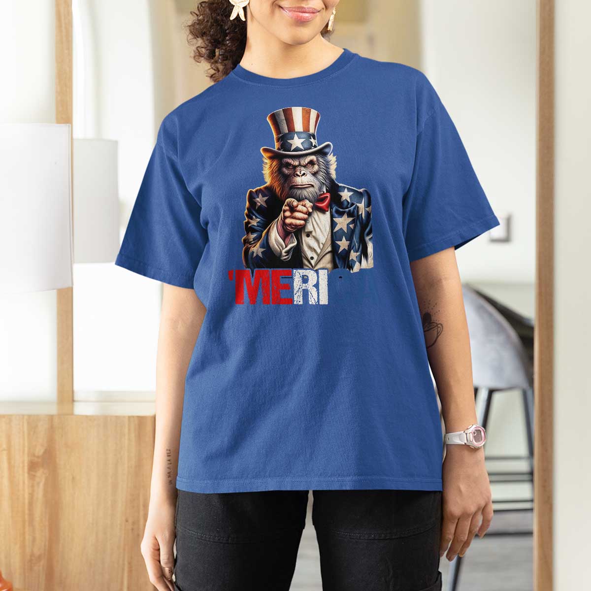 Bigfoot Merica T Shirt For Women American Flag Patriotic 4th Of July Uncle Sam - Wonder Print Shop