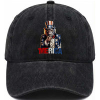Bigfoot Merica Washed Cotton Baseball Cap American Flag Patriotic 4th Of July Uncle Sam