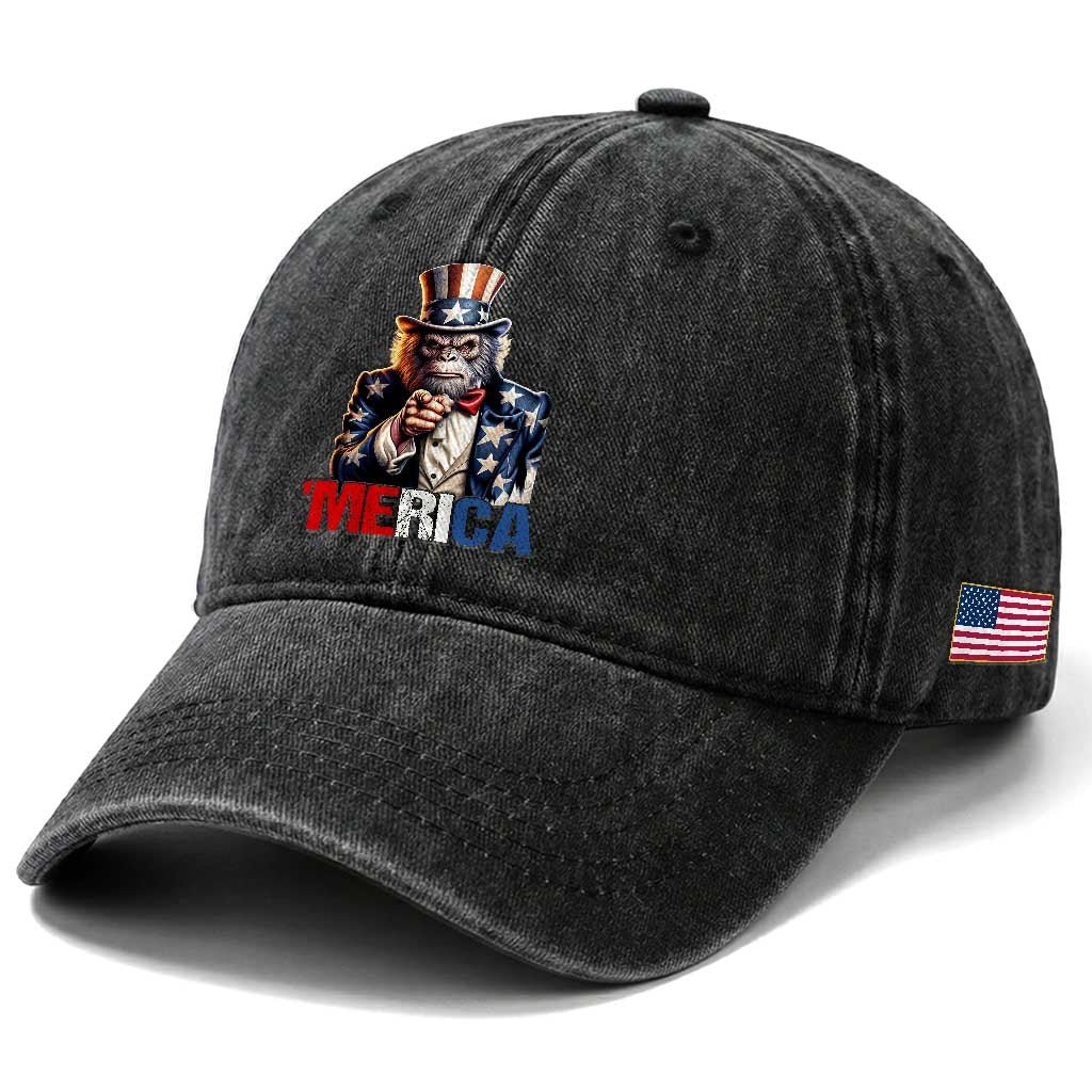 Bigfoot Merica Washed Cotton Baseball Cap American Flag Patriotic 4th Of July Uncle Sam