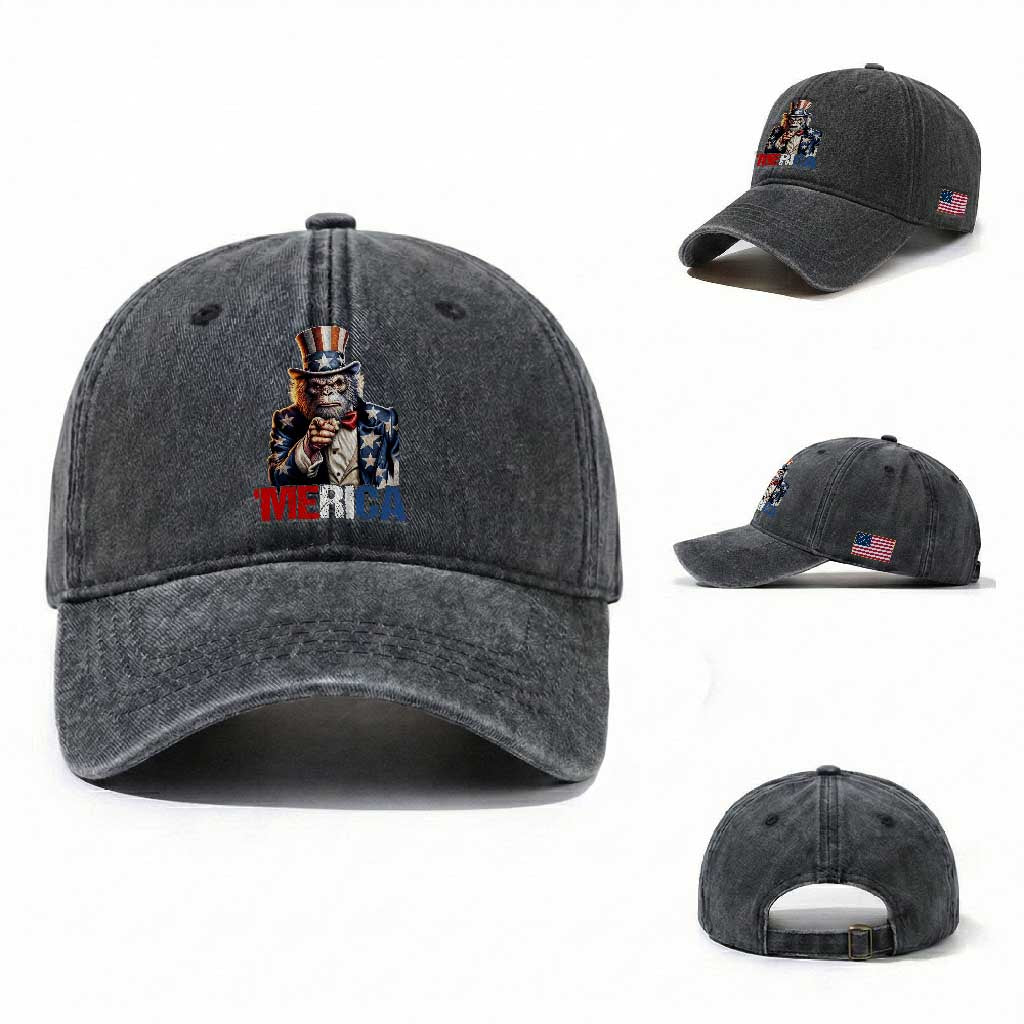 Bigfoot Merica Washed Cotton Baseball Cap American Flag Patriotic 4th Of July Uncle Sam