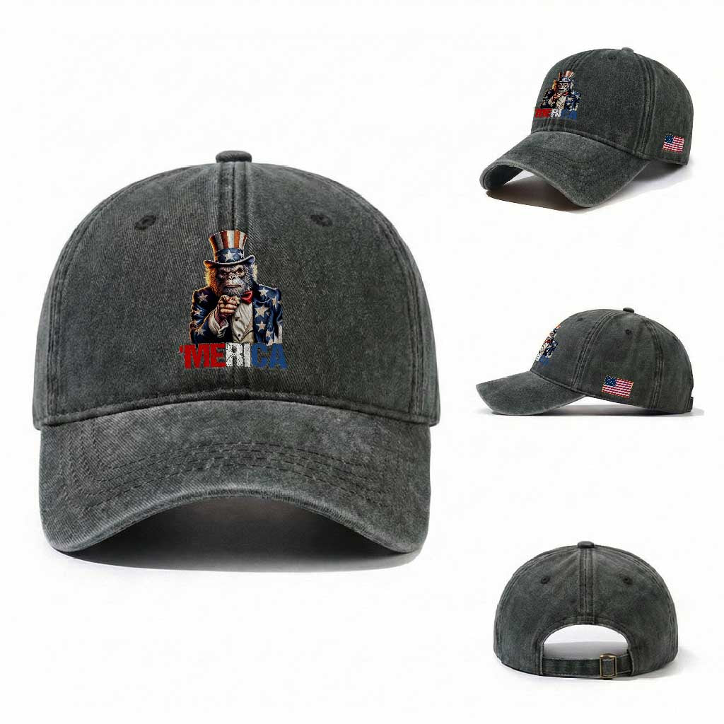 Bigfoot Merica Washed Cotton Baseball Cap American Flag Patriotic 4th Of July Uncle Sam