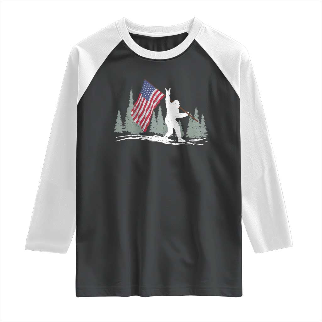 Bigfoot Raglan Shirt Sasquatch American Flag Patriotic - Wonder Print Shop