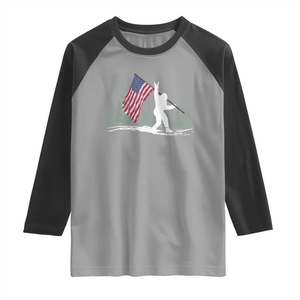 Bigfoot Raglan Shirt Sasquatch American Flag Patriotic - Wonder Print Shop