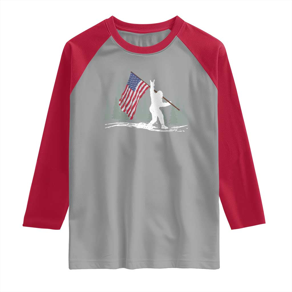 Bigfoot Raglan Shirt Sasquatch American Flag Patriotic - Wonder Print Shop