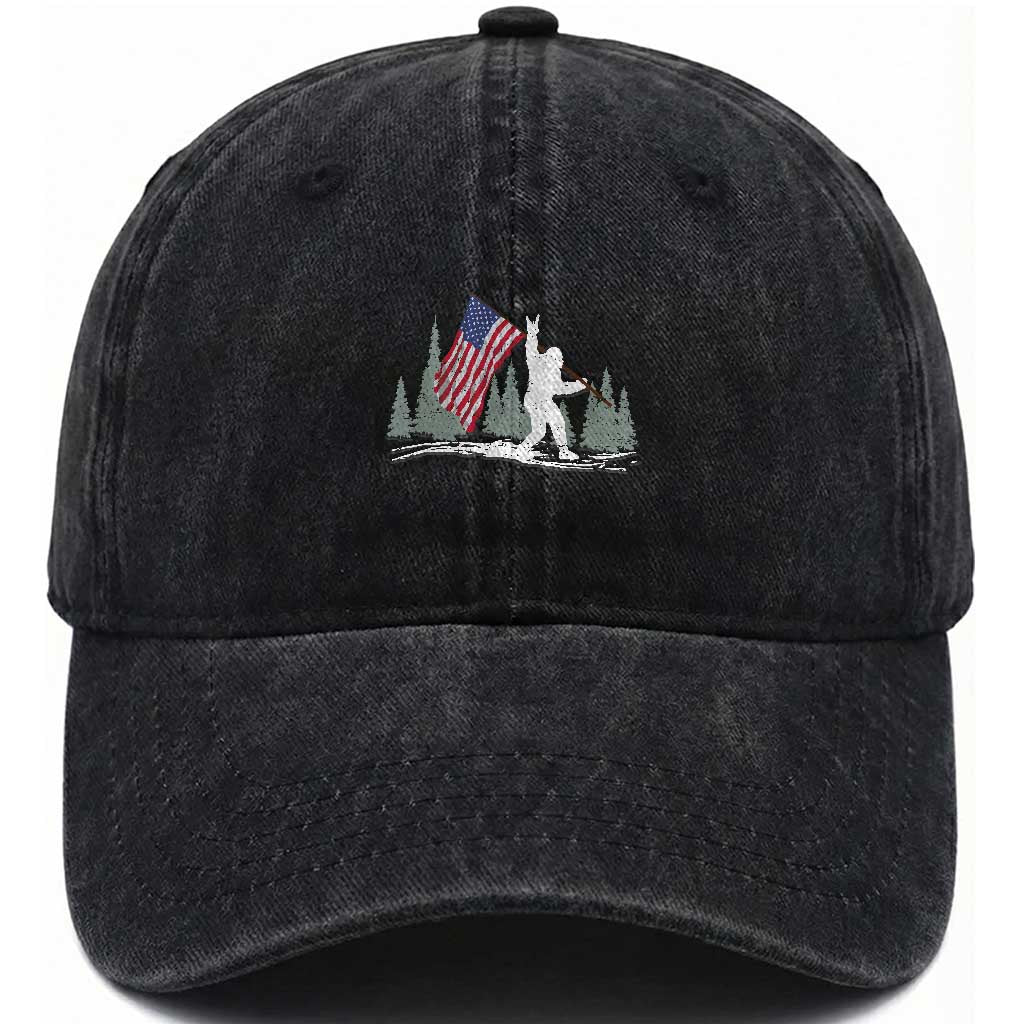 Bigfoot Washed Cotton Baseball Cap Sasquatch American Flag Patriotic