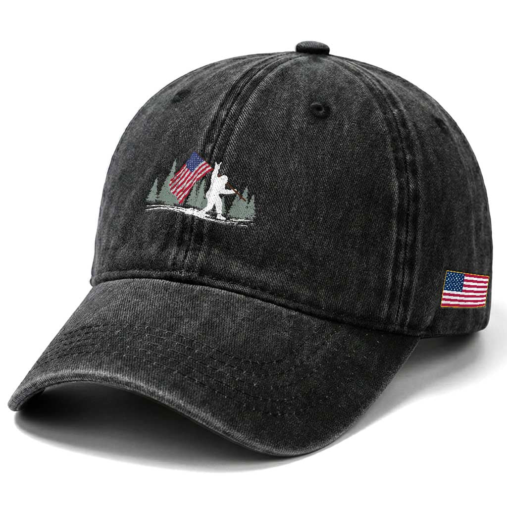 Bigfoot Washed Cotton Baseball Cap Sasquatch American Flag Patriotic