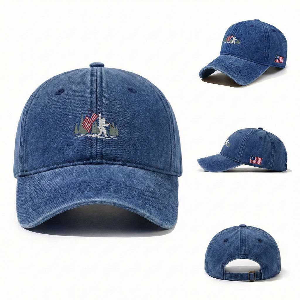 Bigfoot Washed Cotton Baseball Cap Sasquatch American Flag Patriotic