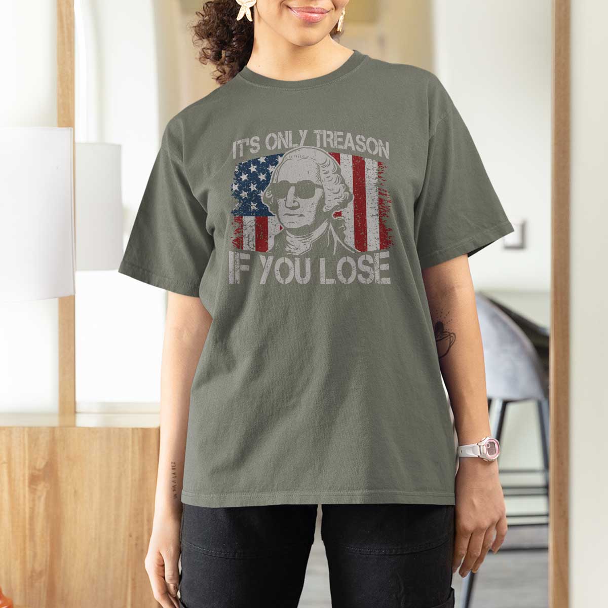Its Only Treason If You Lose 4th Of July T Shirt For Women George Washington American Flag - Wonder Print Shop