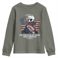 Funny 4th Of July Youth Sweatshirt George Washington Stay Strapped Or Get Clapped USA Flag - Wonder Print Shop