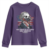 Funny 4th Of July Youth Sweatshirt George Washington Stay Strapped Or Get Clapped USA Flag - Wonder Print Shop