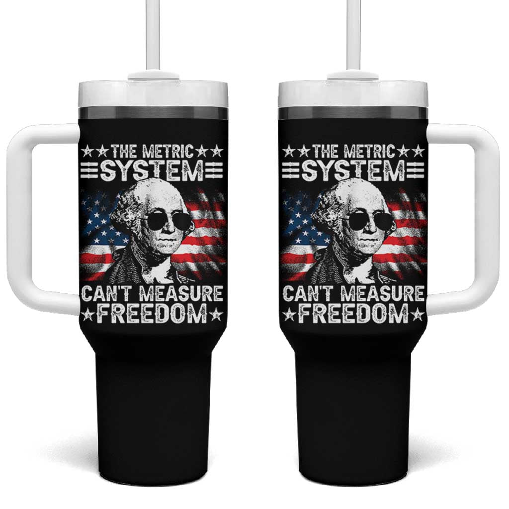 Funny 4th of July The Metric System Can't Measure Freedom Tumbler With Handle George Washington American Flag - Wonder Print Shop