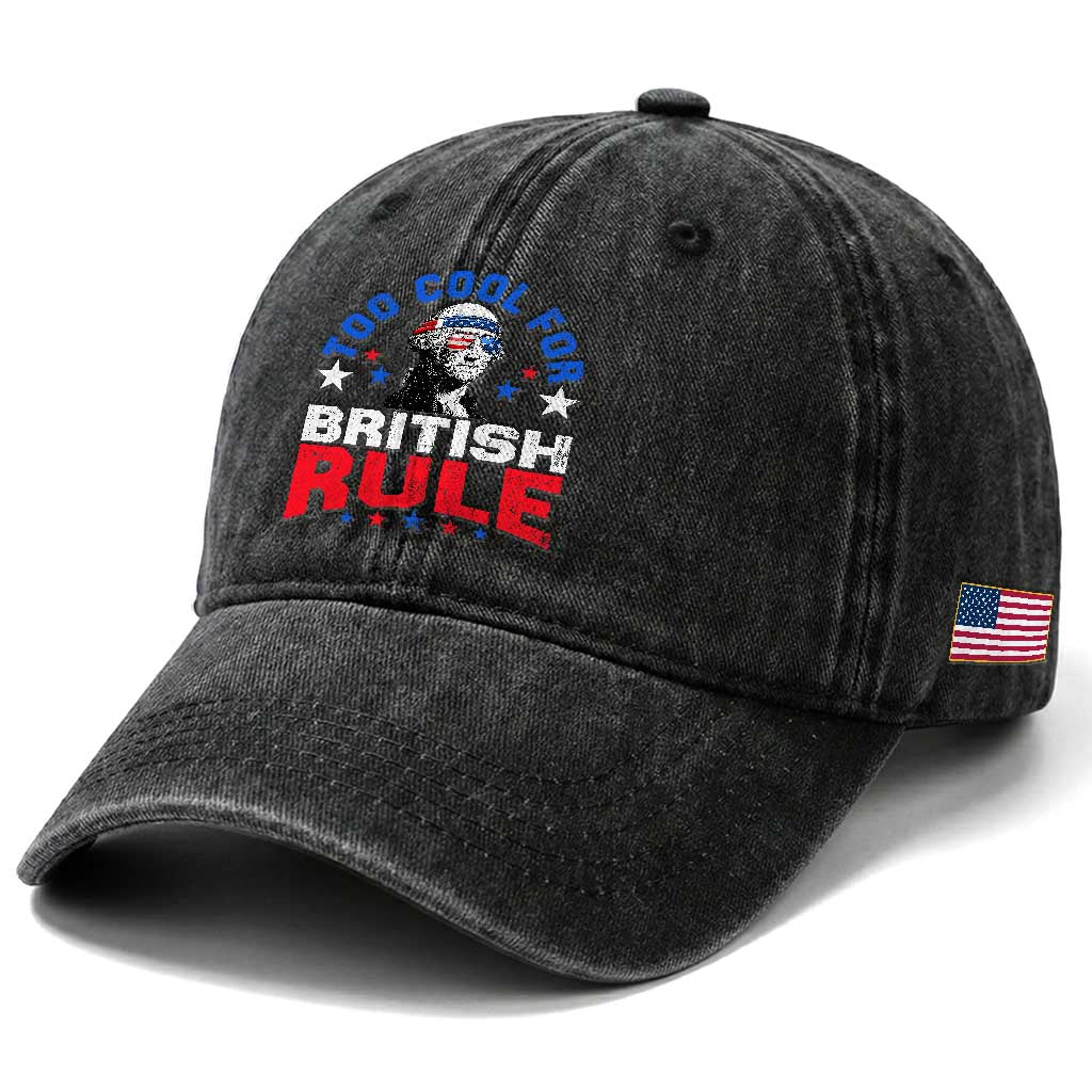 George Washington 4th of July Washed Cotton Baseball Cap Too Cool For British Rule Red White and Blue