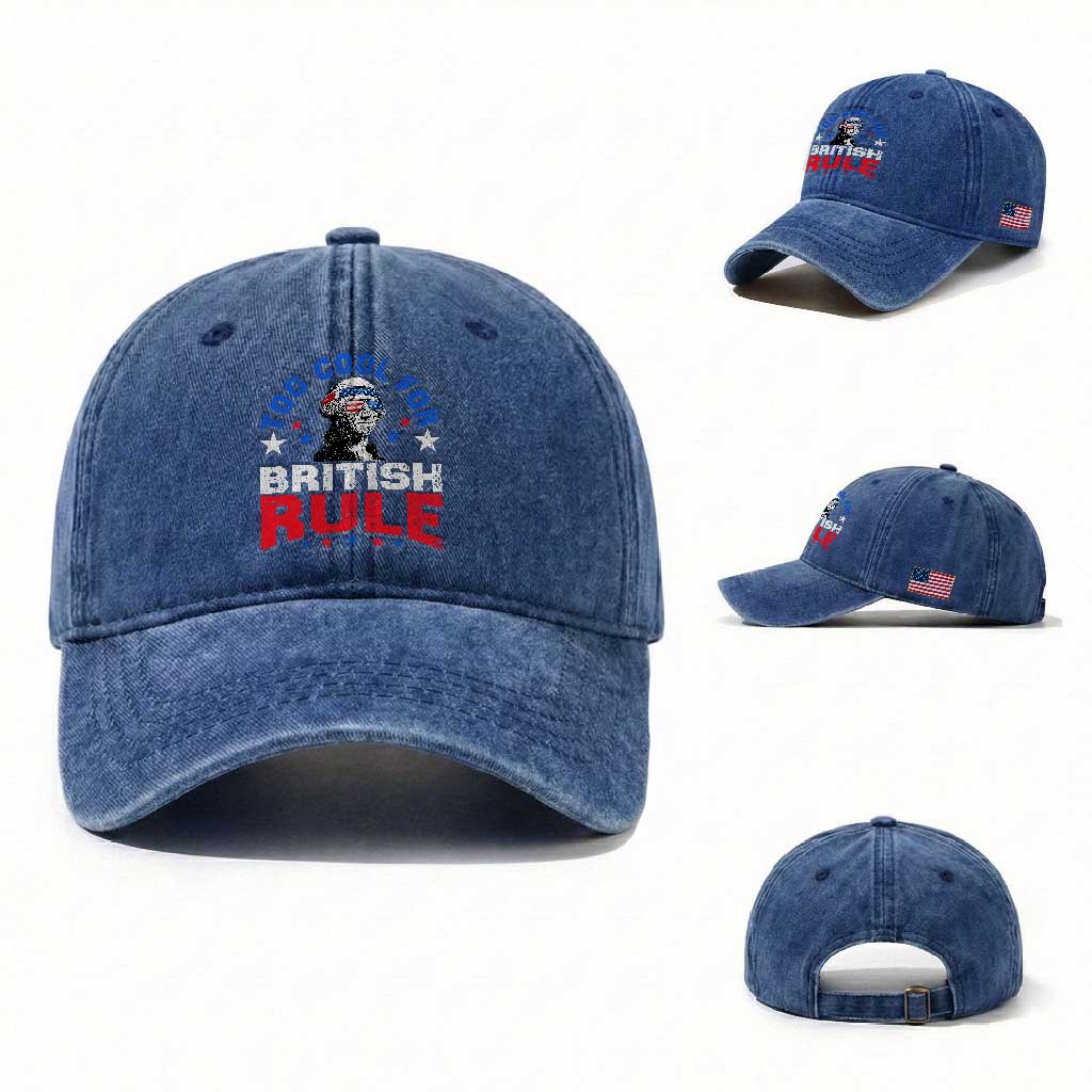 George Washington 4th of July Washed Cotton Baseball Cap Too Cool For British Rule Red White and Blue