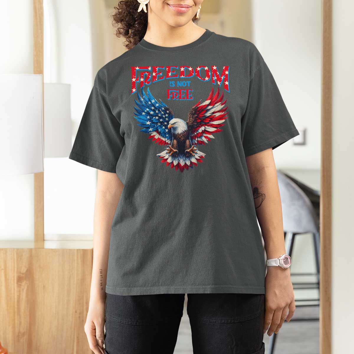 American Flag Bald Eagle T Shirt For Women Patriotic Eagle 4th of July Freedom Is Not Free - Wonder Print Shop