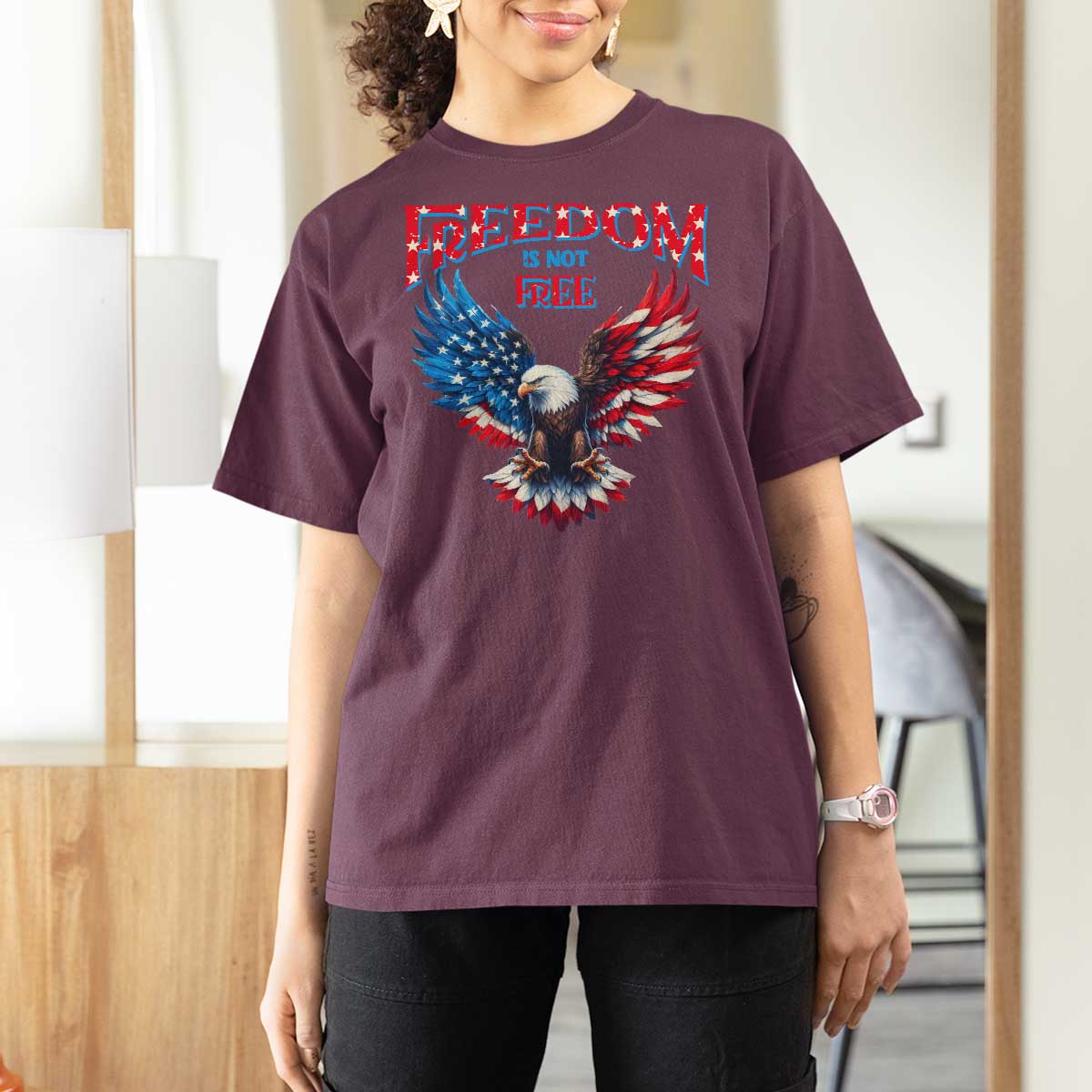 American Flag Bald Eagle T Shirt For Women Patriotic Eagle 4th of July Freedom Is Not Free - Wonder Print Shop