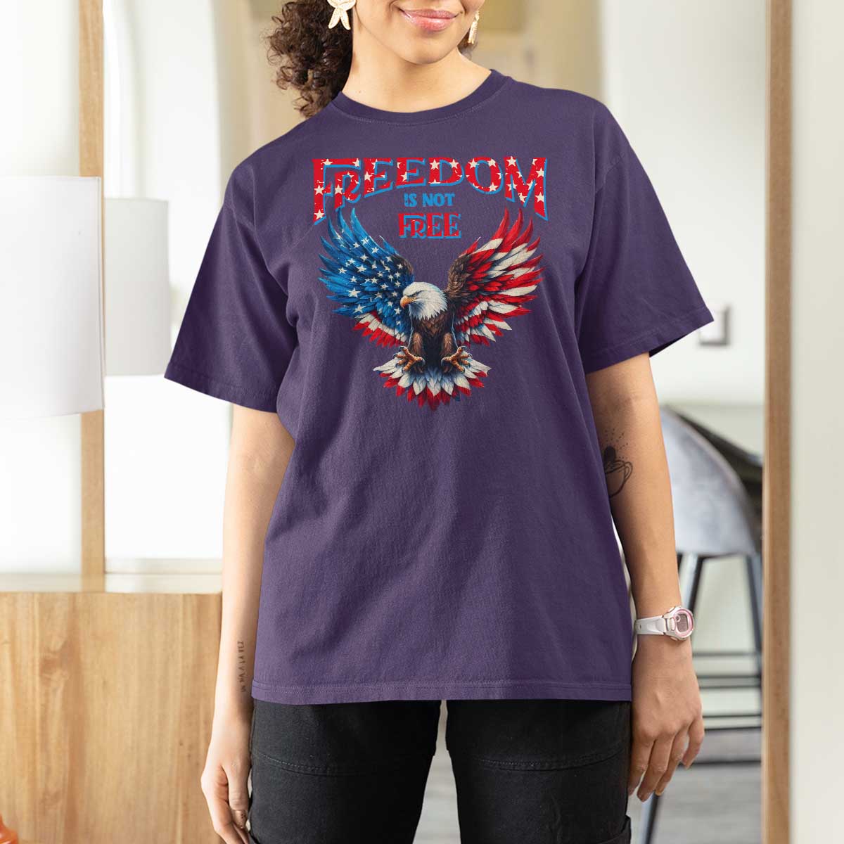 American Flag Bald Eagle T Shirt For Women Patriotic Eagle 4th of July Freedom Is Not Free - Wonder Print Shop