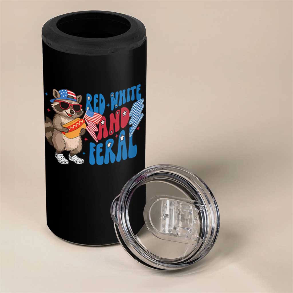 Funny Raccoon 4th of July 4 in 1 Can Cooler Tumbler Red White and Feral Patriotic - Wonder Print Shop