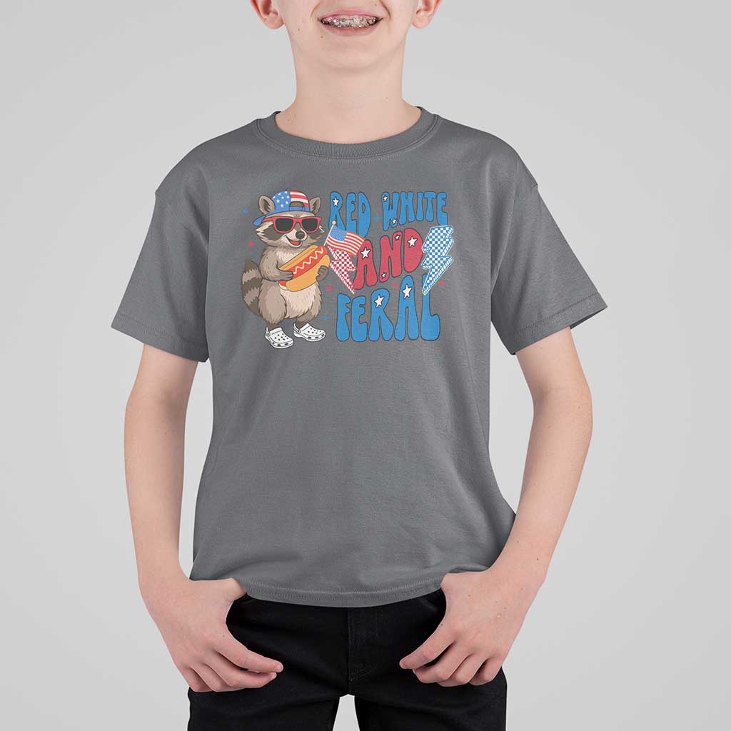 Funny Raccoon 4th of July T Shirt For Kid Red White and Feral Patriotic - Wonder Print Shop