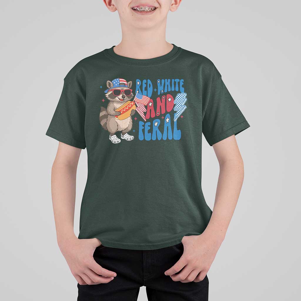 Funny Raccoon 4th of July T Shirt For Kid Red White and Feral Patriotic - Wonder Print Shop