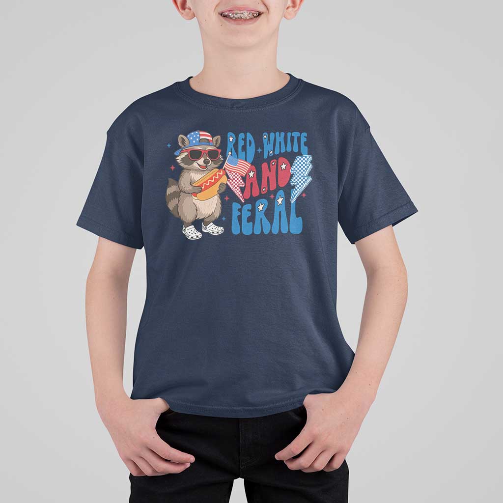 Funny Raccoon 4th of July T Shirt For Kid Red White and Feral Patriotic - Wonder Print Shop