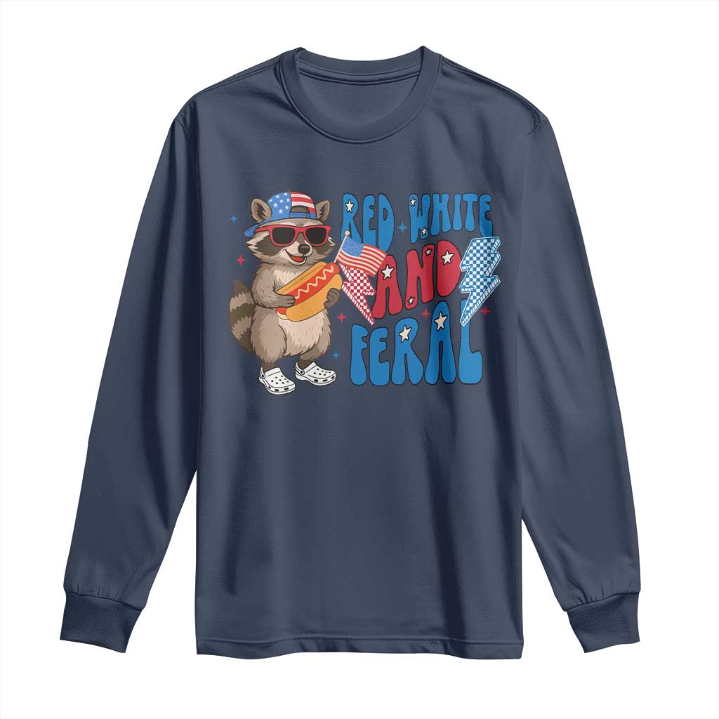 Funny Raccoon 4th of July Long Sleeve Shirt Red White and Feral Patriotic - Wonder Print Shop